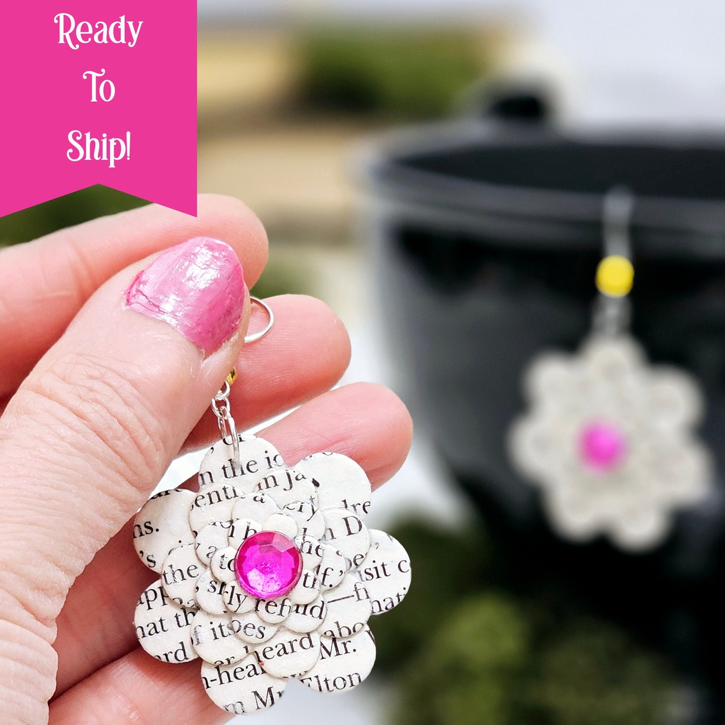 Flower Dangle Book Page Earrings