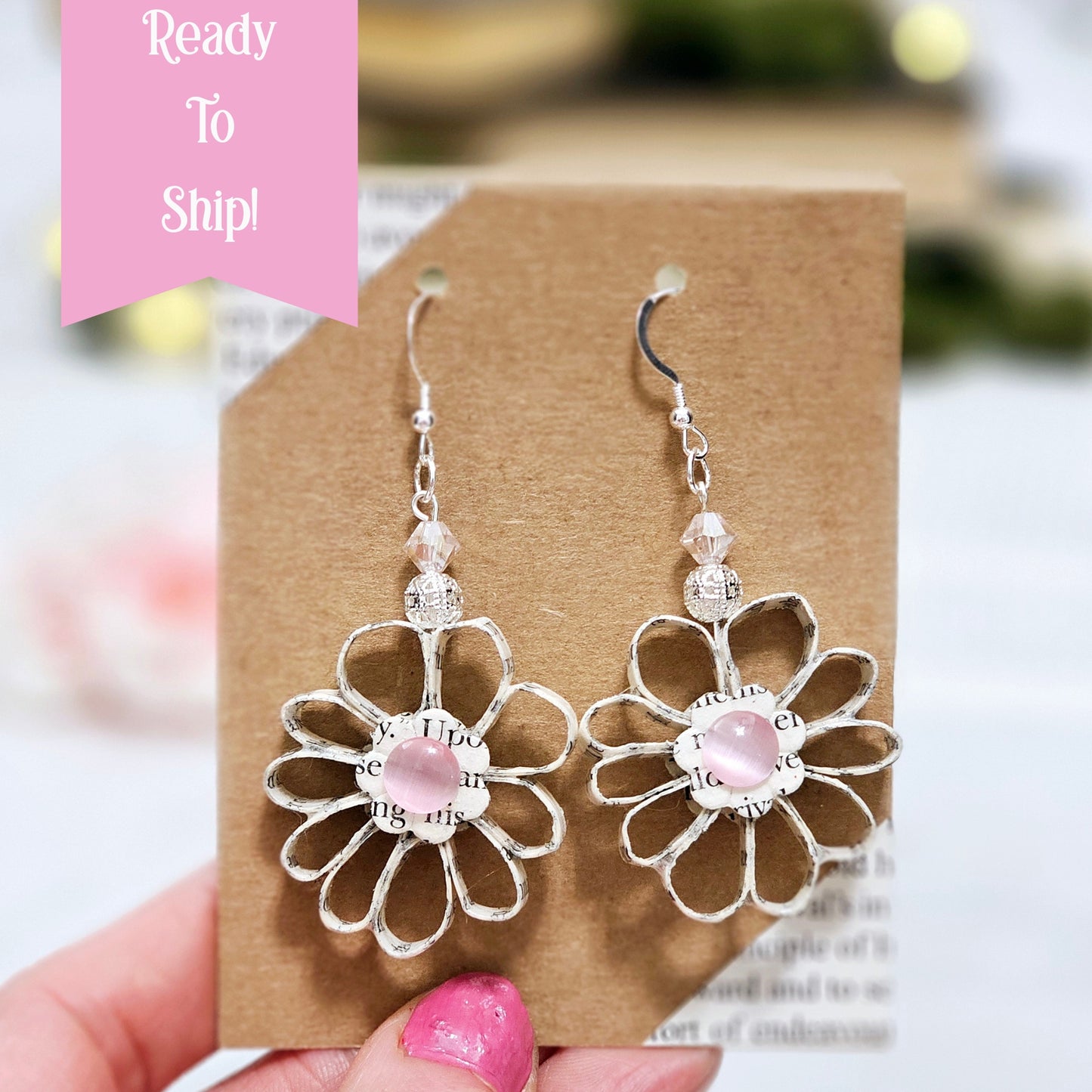 Flower Dangle Book Page Earrings for Book Lover Gift Idea