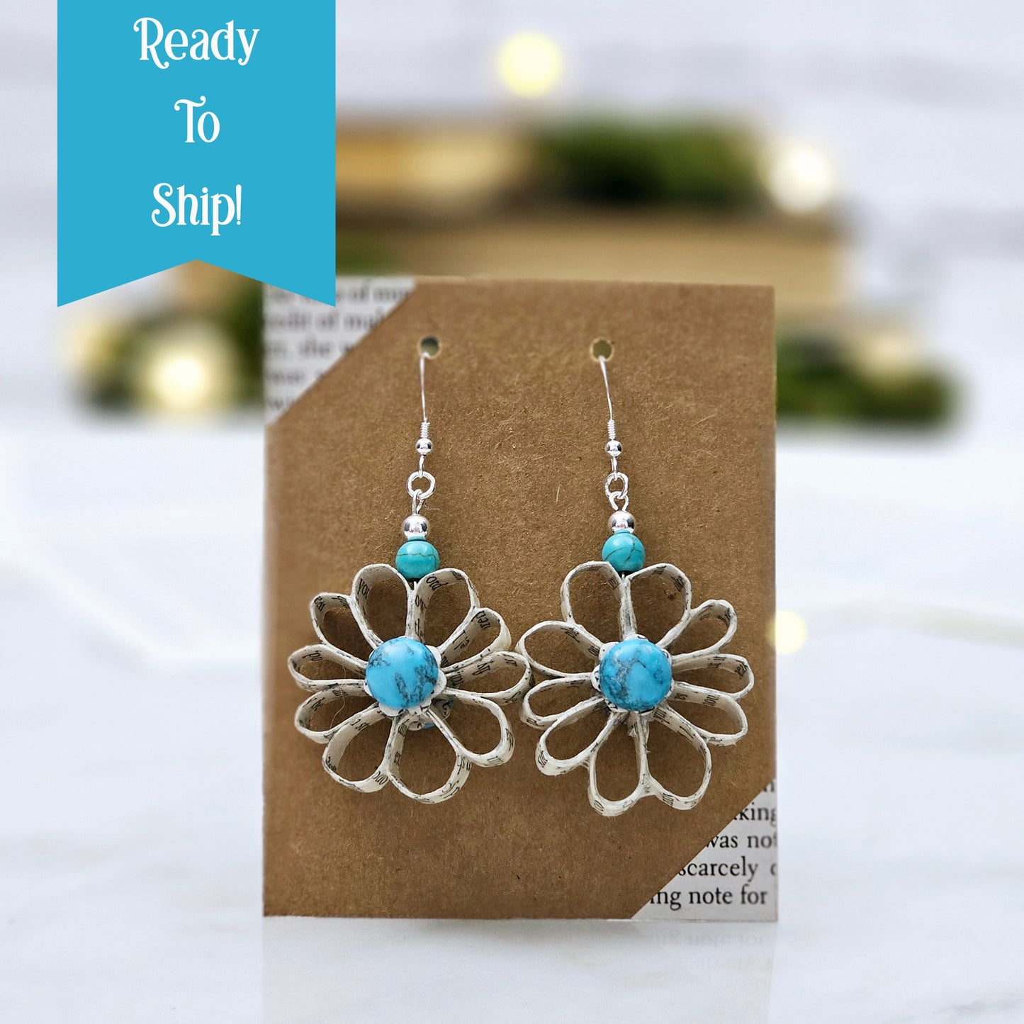 Flower Dangle Book Page Earring with Turquoise Cabachon, Gift for Book Lover