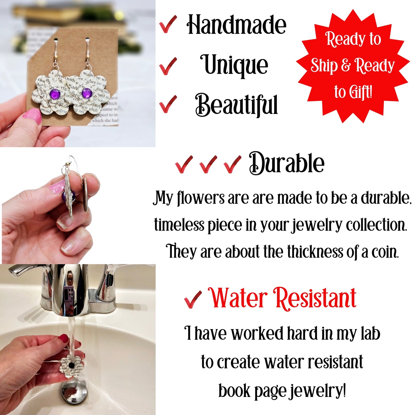 Flower Dangle Book Page Earrings