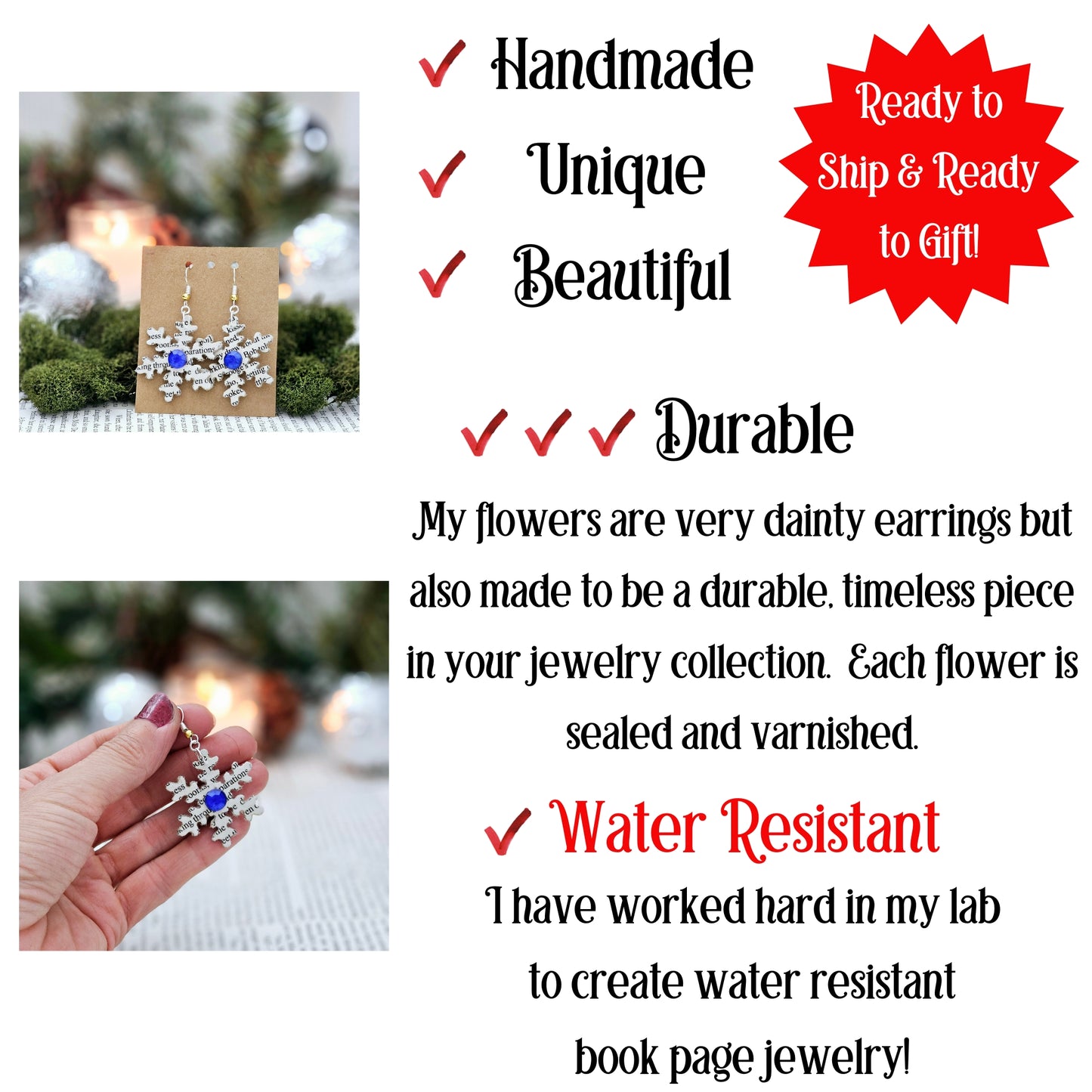 Snowflake Dangle Book Page Earrings