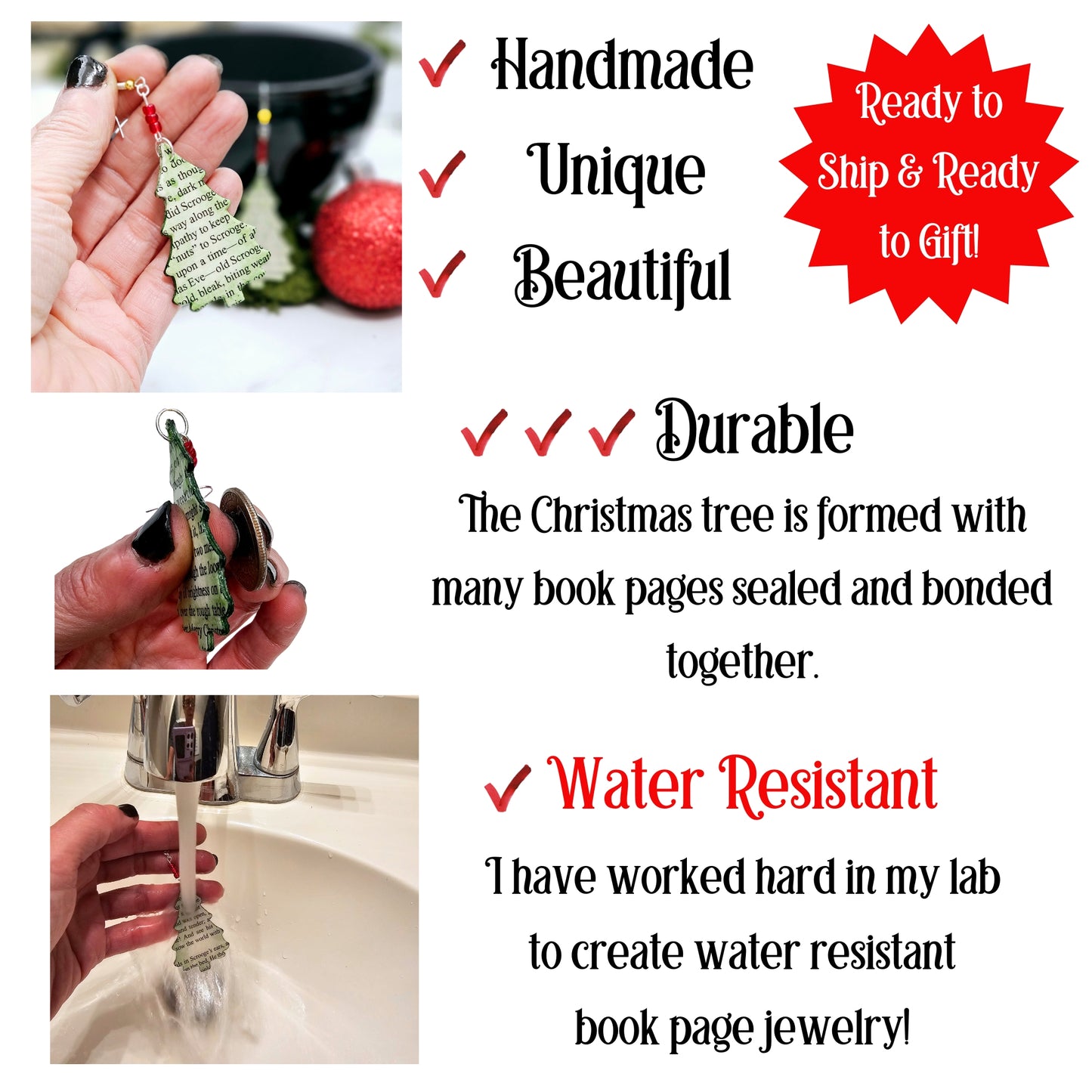 Christmas Tree Book Page Earrings for Book Lovers, Teacher Gifts and Book Club Gift Exchange
