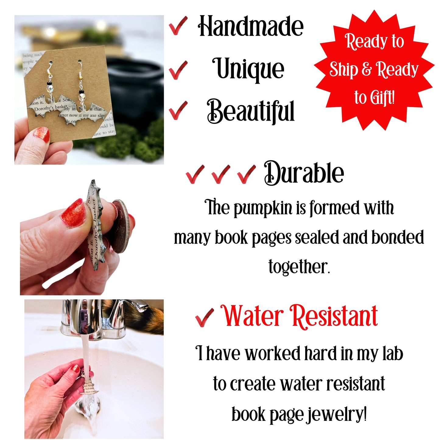 handmade, unique, beautiful, durable, the bat is formed with many book pages sealed and bonded together. Water Resistant. Ready to ship and Ready to gift.