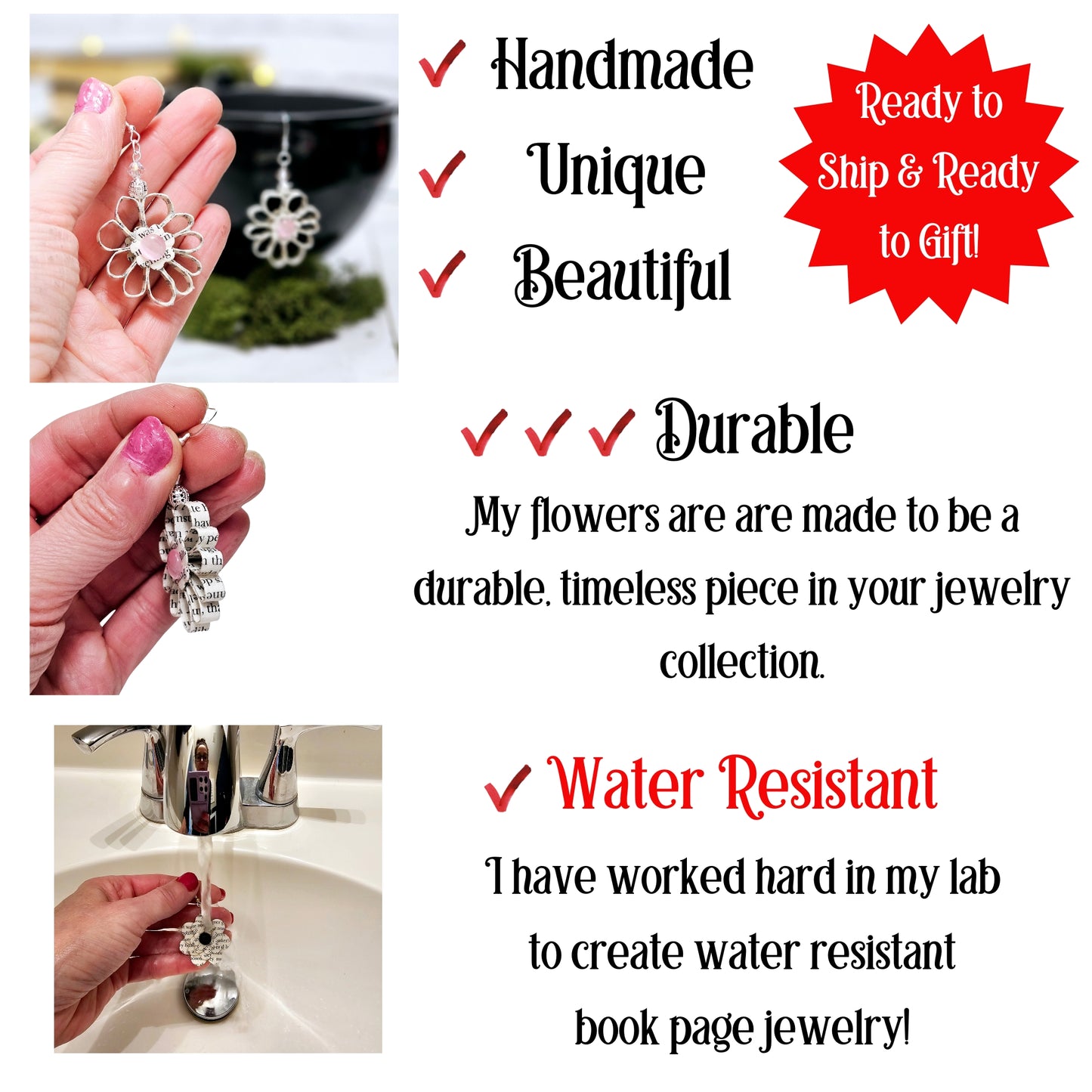 Flower Dangle Book Page Earrings for Book Lover Gift Idea