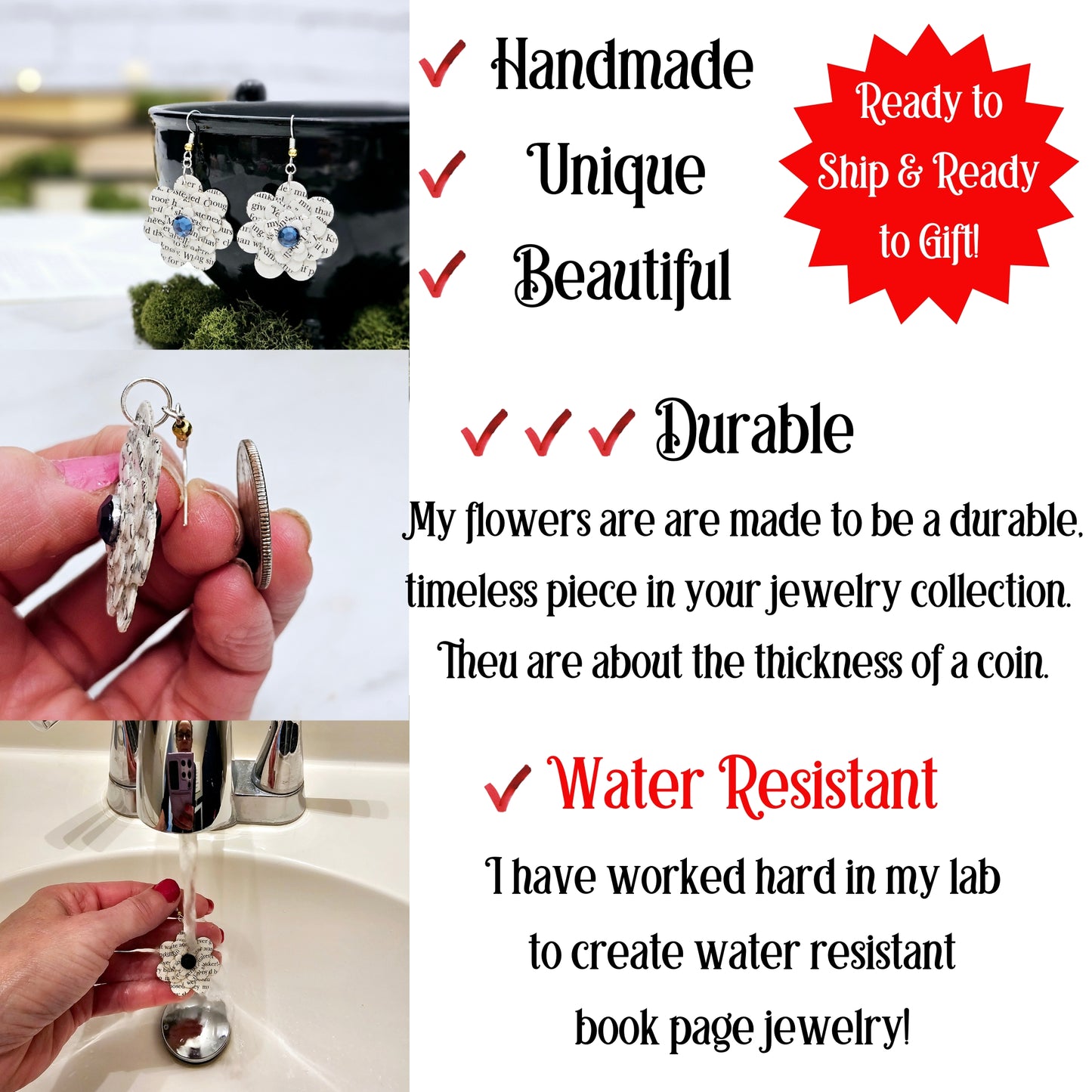Flower Dangle Book Page Earrings for Teacher Appreciation, Book Lover and Book Club Gift