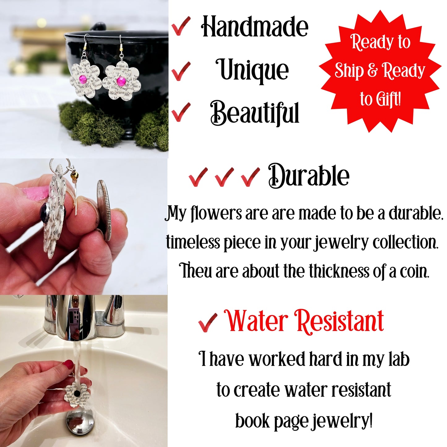 Flower Dangle Book Page Earrings
