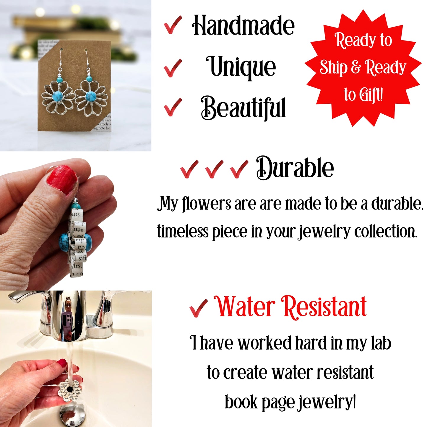 Flower Dangle Book Page Earring with Turquoise Cabachon, Gift for Book Lover