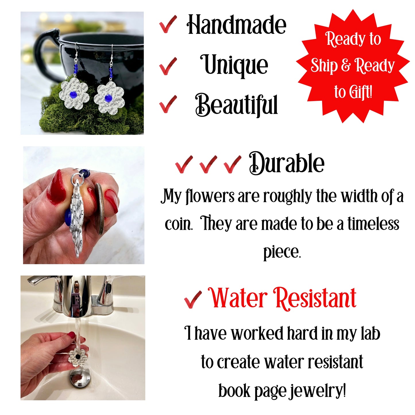 Flower Dangle Book Page Earrings for Teacher Appreciation, Book Lover or Book Club Gift Idea