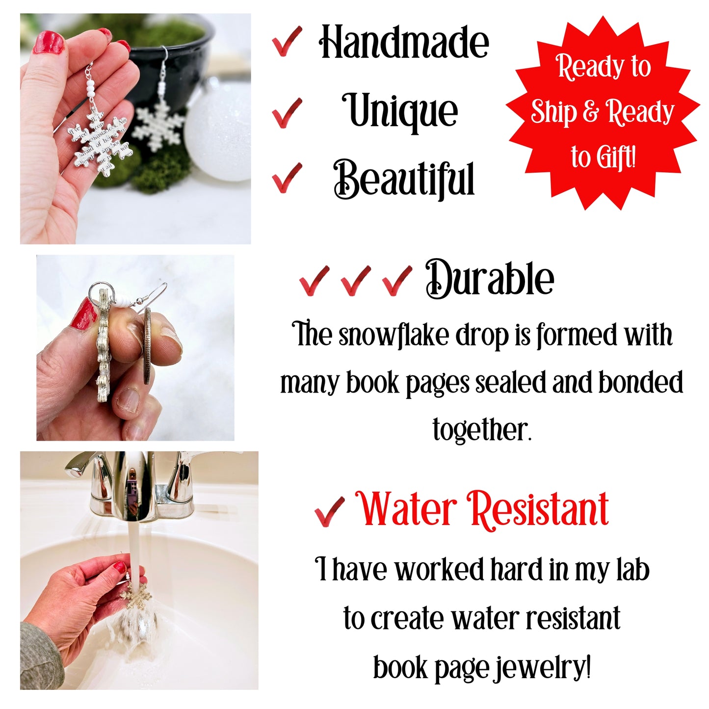 Snowflake Book Page Dangle Earrings for Book Lover Christmas Gift, Book Club Gift Exchange