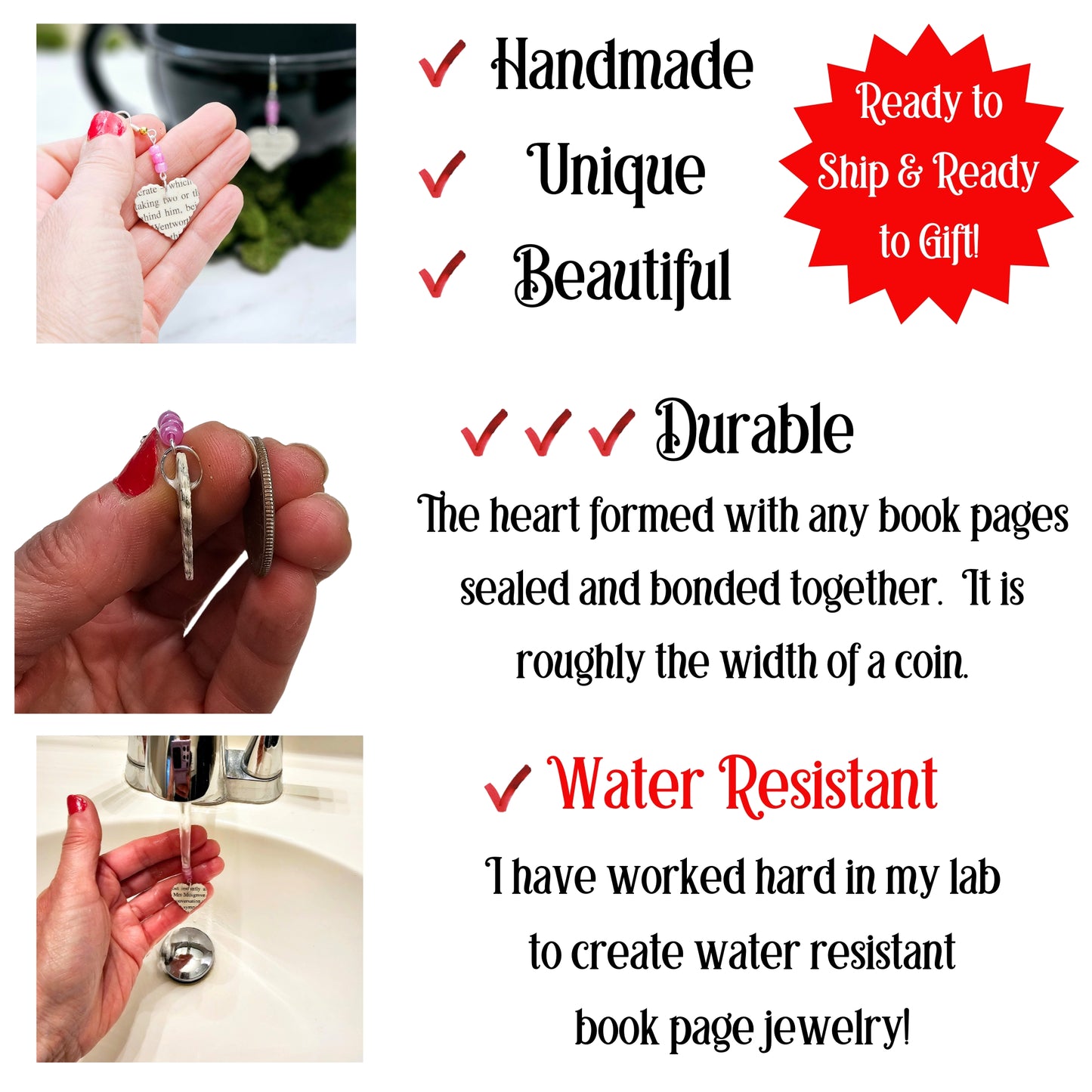 Heart Dangle Book Page Earrings for Book Lover, Teacher, 1st Anniversary or Book Club Gift