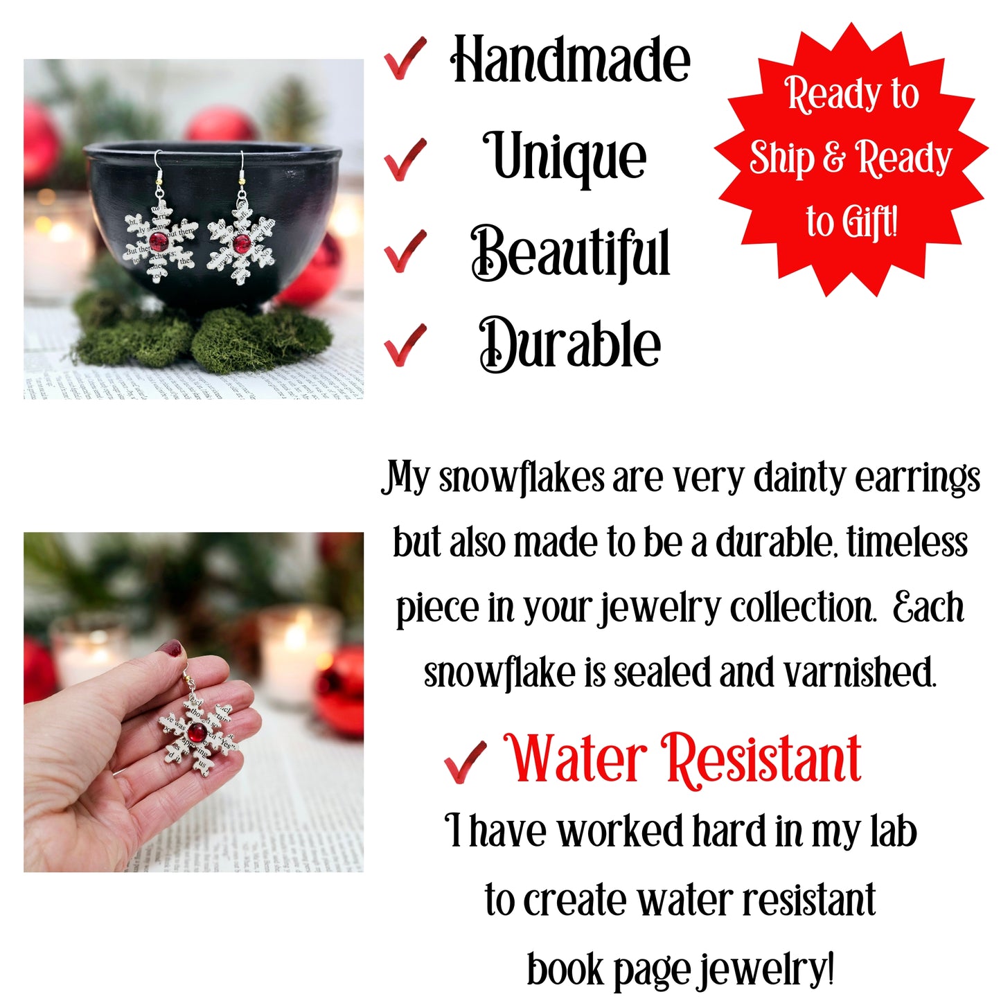 Snowflake Book Page Dangle Earring with Red Accent