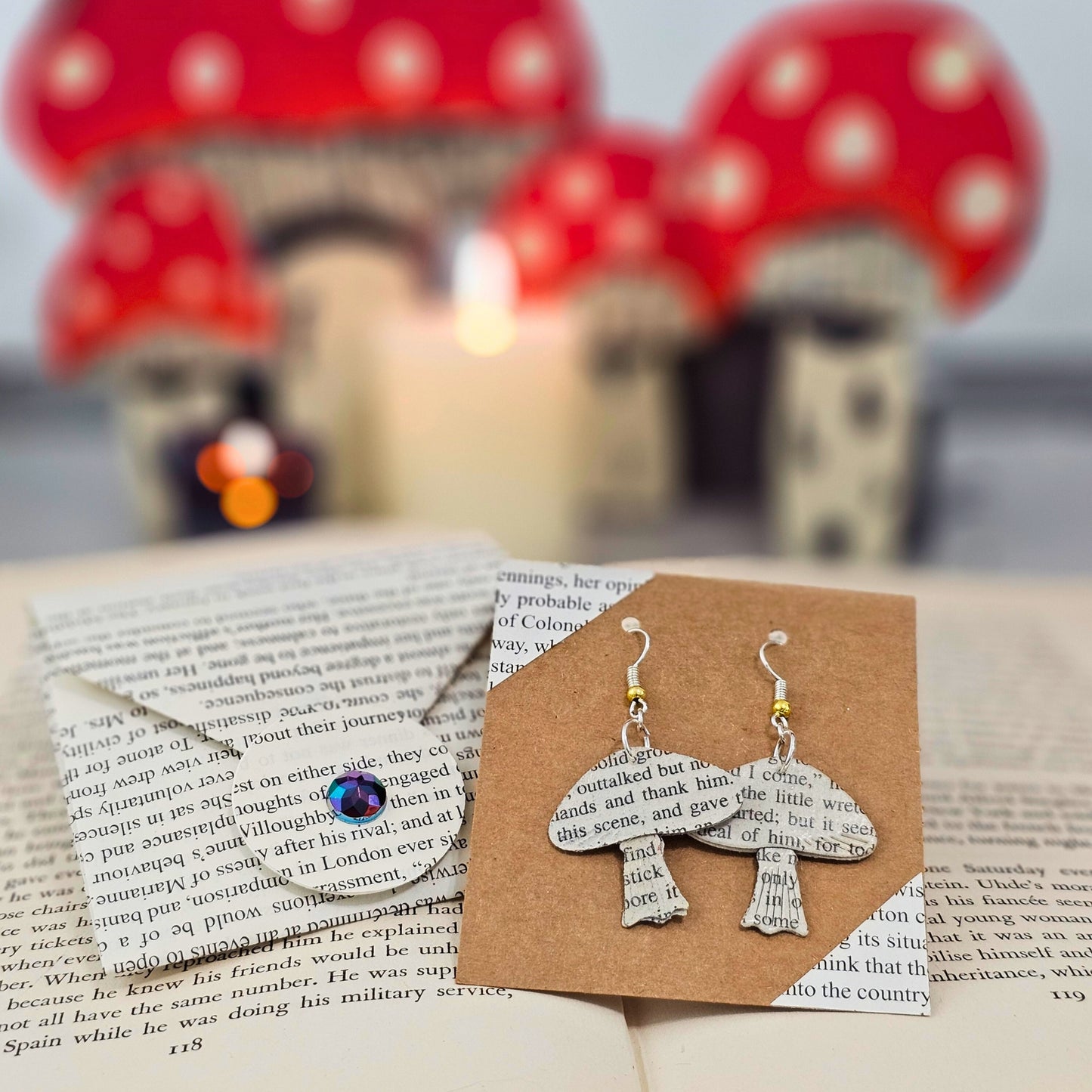 Mushroom Dangle Book Page Earrings for Teacher, Book Lover or Book Club Gift