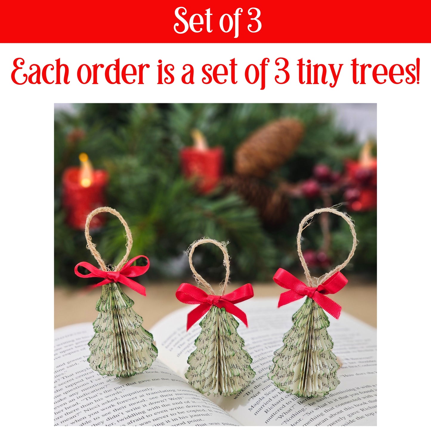 Tiny Book Page Christmas Tree Ornaments, Set of 3