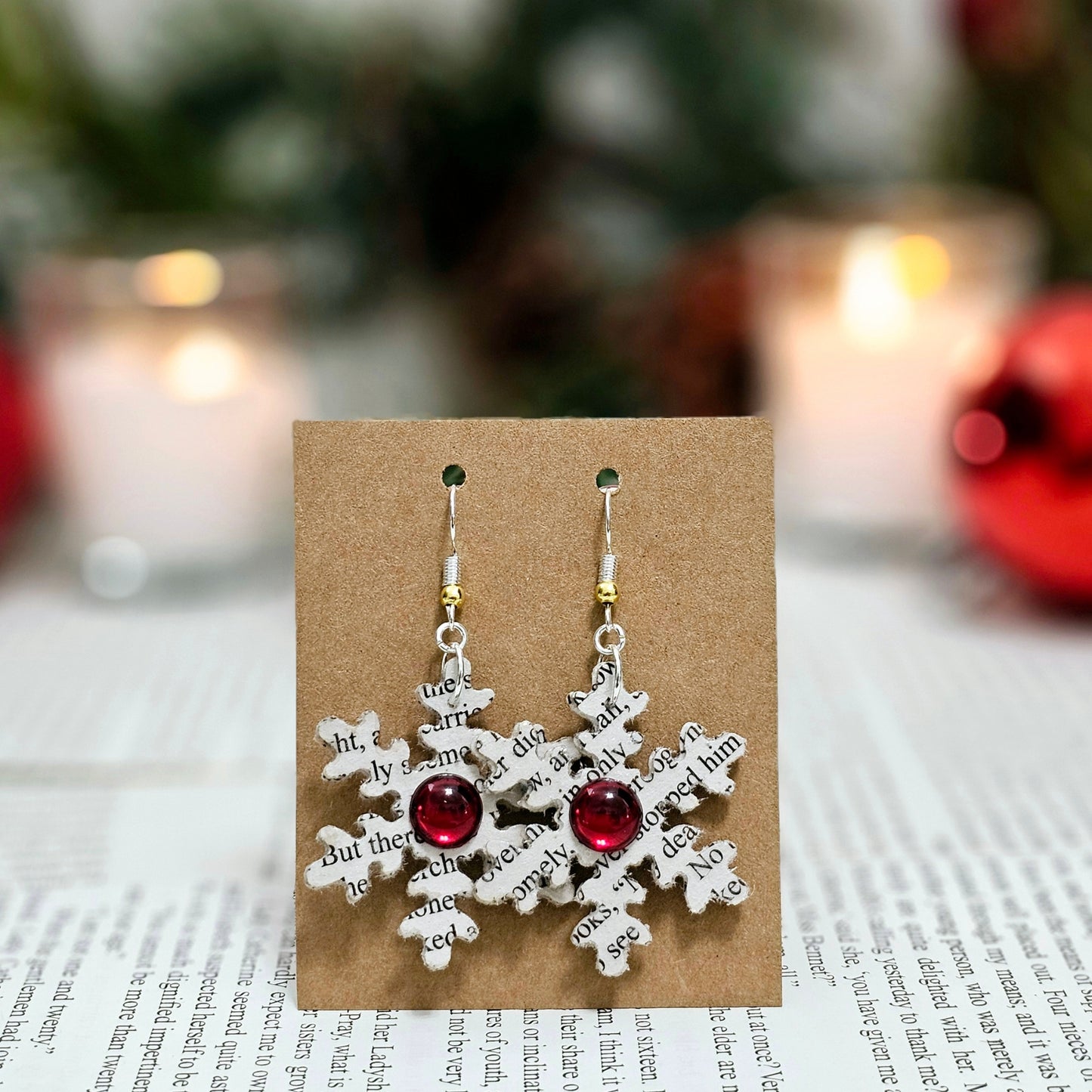 Snowflake Book Page Dangle Earring with Red Accent