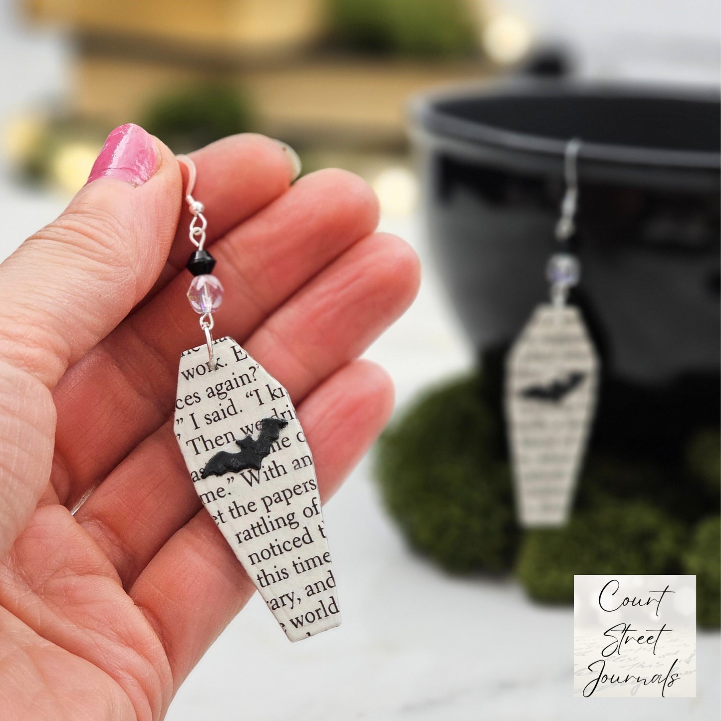 Coffin Book Page Earrings, Gothic Core Jewelry, Vampire Earrings
