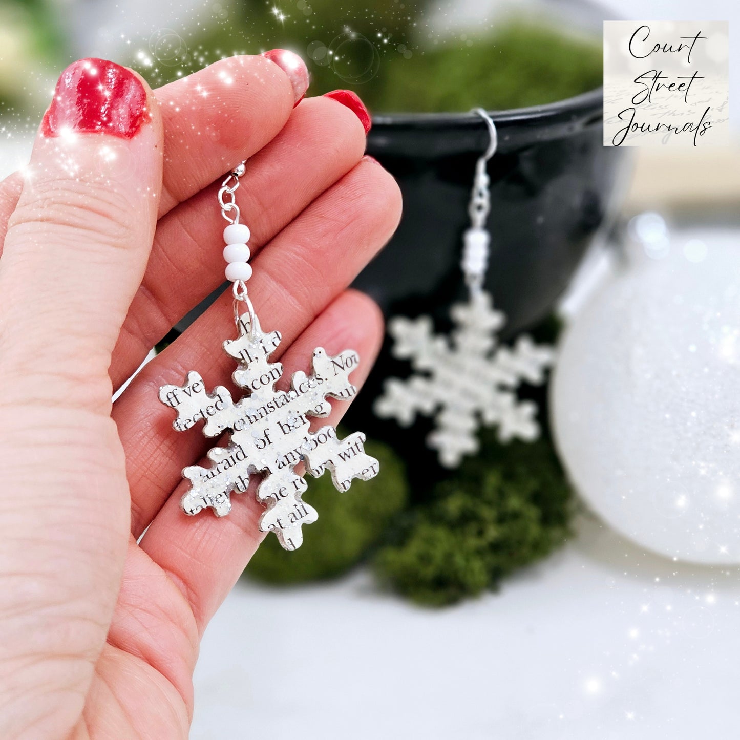 Snowflake Book Page Dangle Earrings for Book Lover Christmas Gift, Book Club Gift Exchange