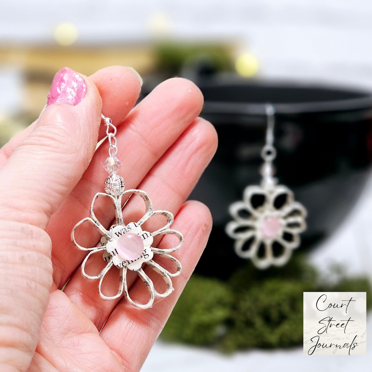 Flower Dangle Book Page Earrings for Book Lover Gift Idea