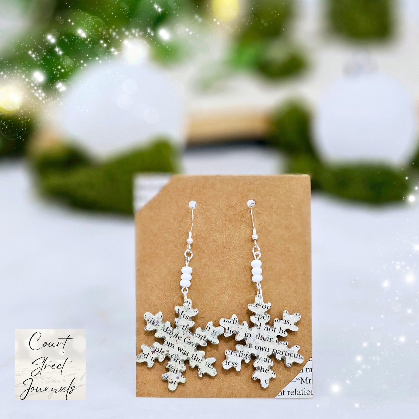 Snowflake Book Page Dangle Earrings for Book Lover Christmas Gift, Book Club Gift Exchange