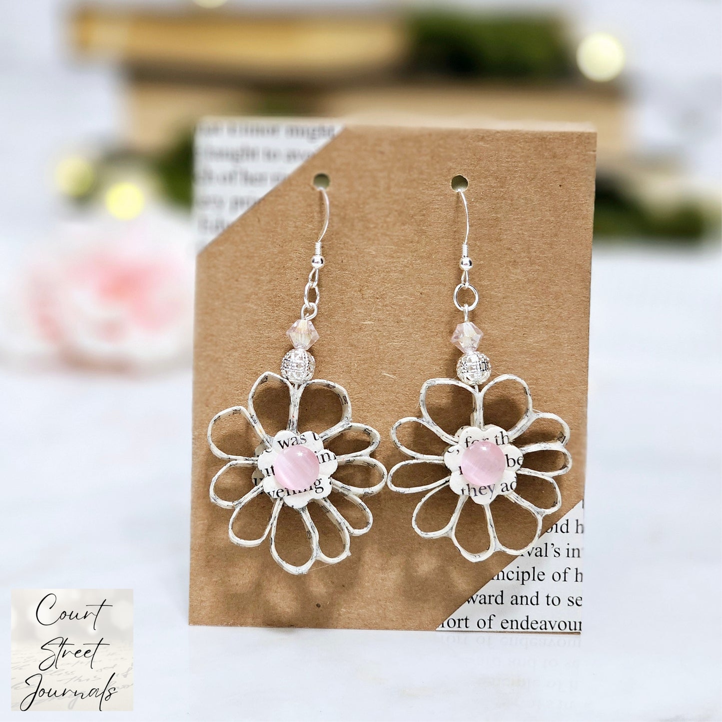Flower Dangle Book Page Earrings for Book Lover Gift Idea