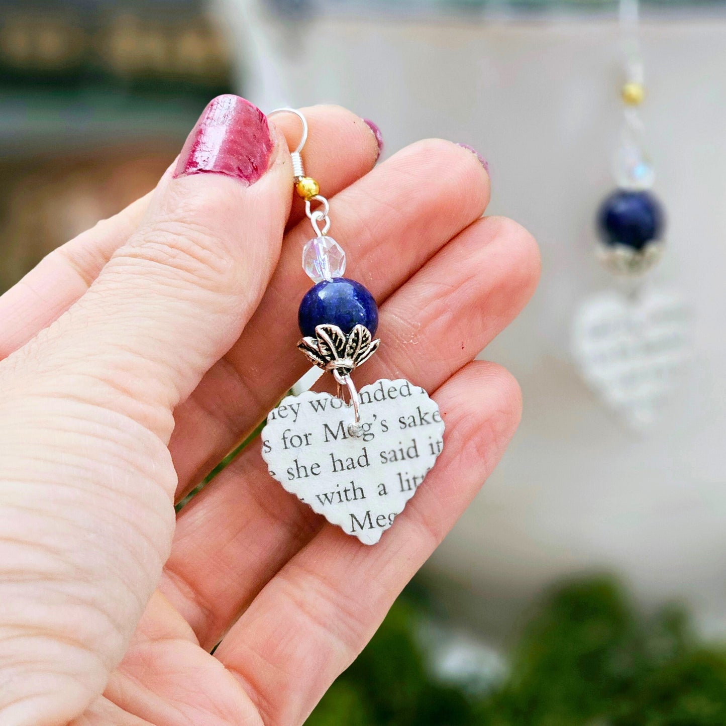 Book Page Heart Dangle Earring with Blue Accent