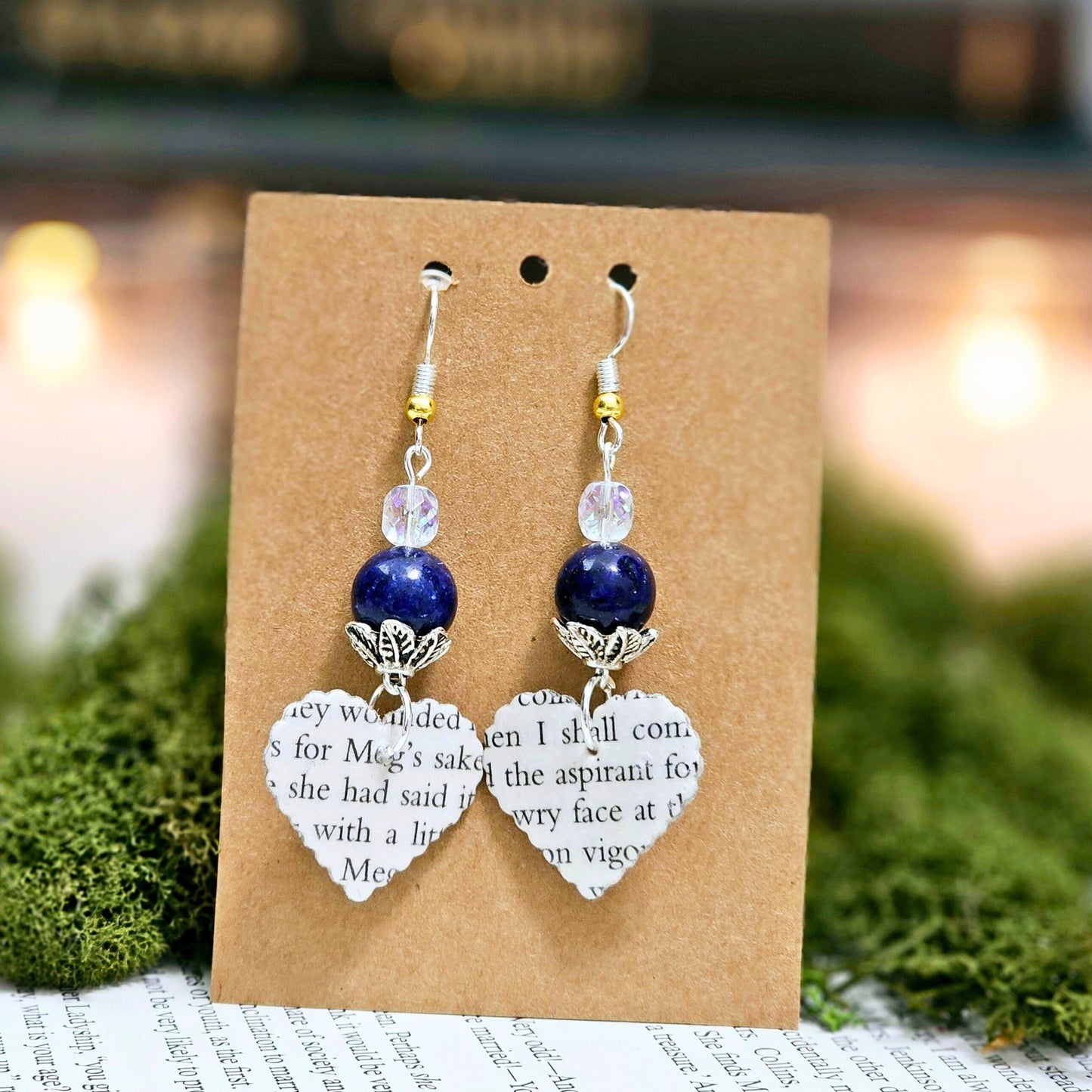 Book Page Heart Dangle Earring with Blue Accent