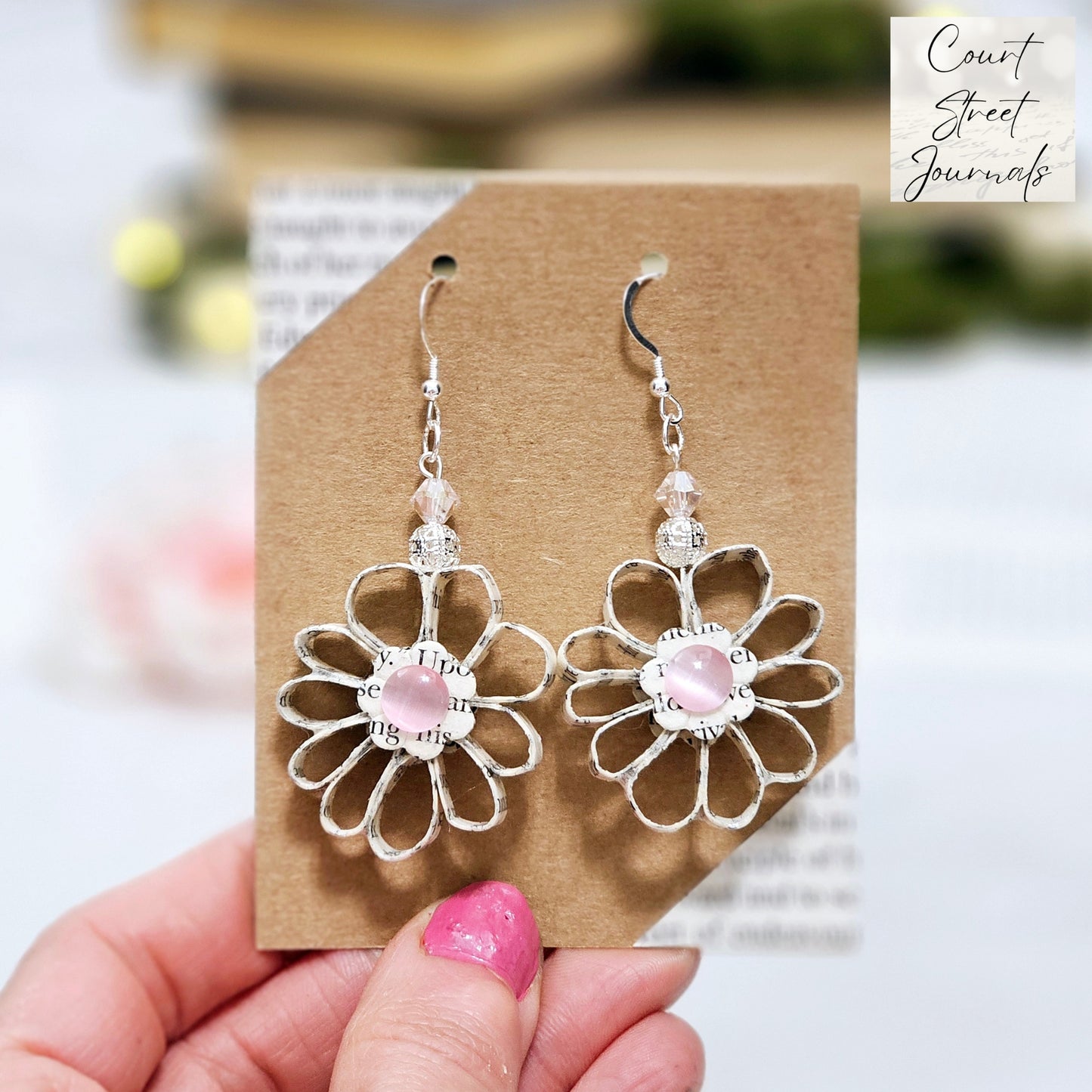 Flower Dangle Book Page Earrings for Book Lover Gift Idea