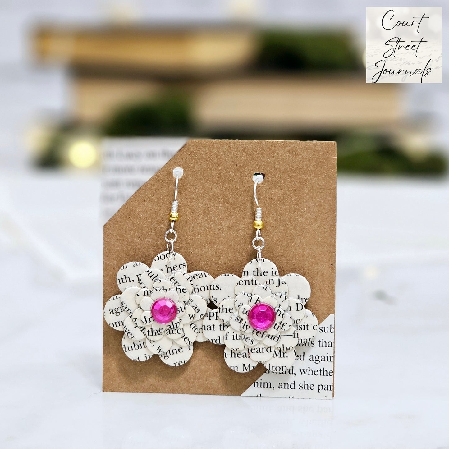 Flower Dangle Book Page Earrings