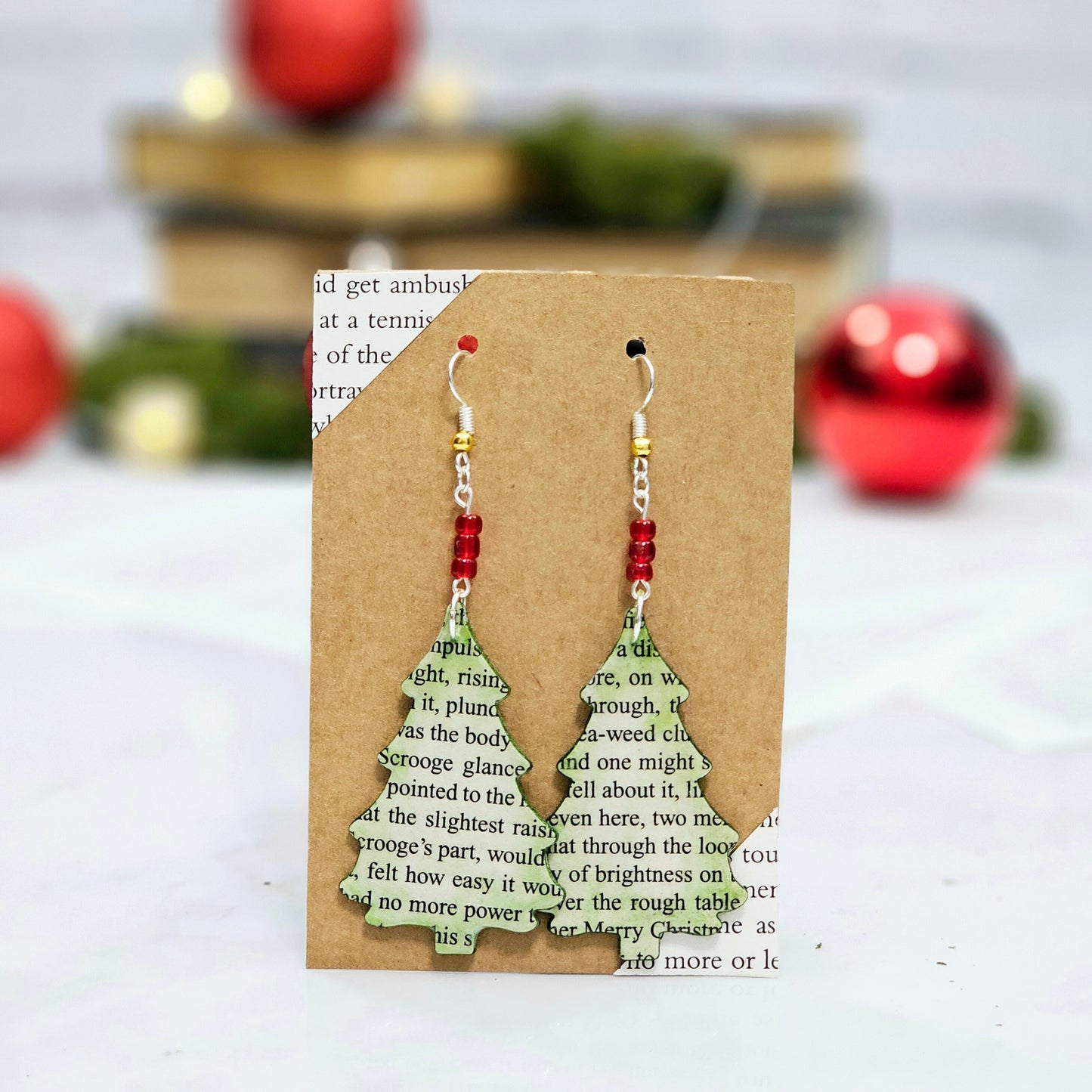 Christmas Tree Book Page Earrings for Book Lovers, Teacher Gifts and Book Club Gift Exchange