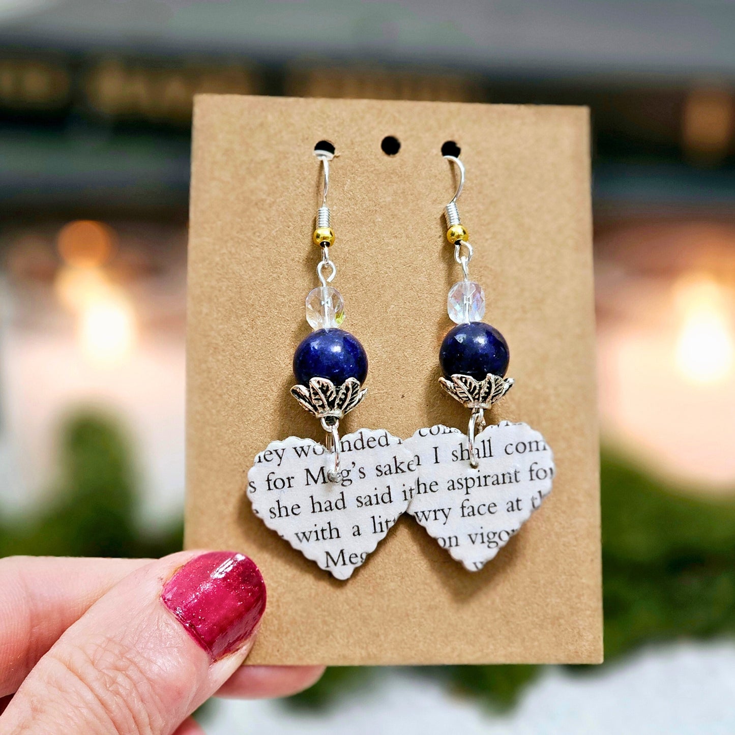 Book Page Heart Dangle Earring with Blue Accent