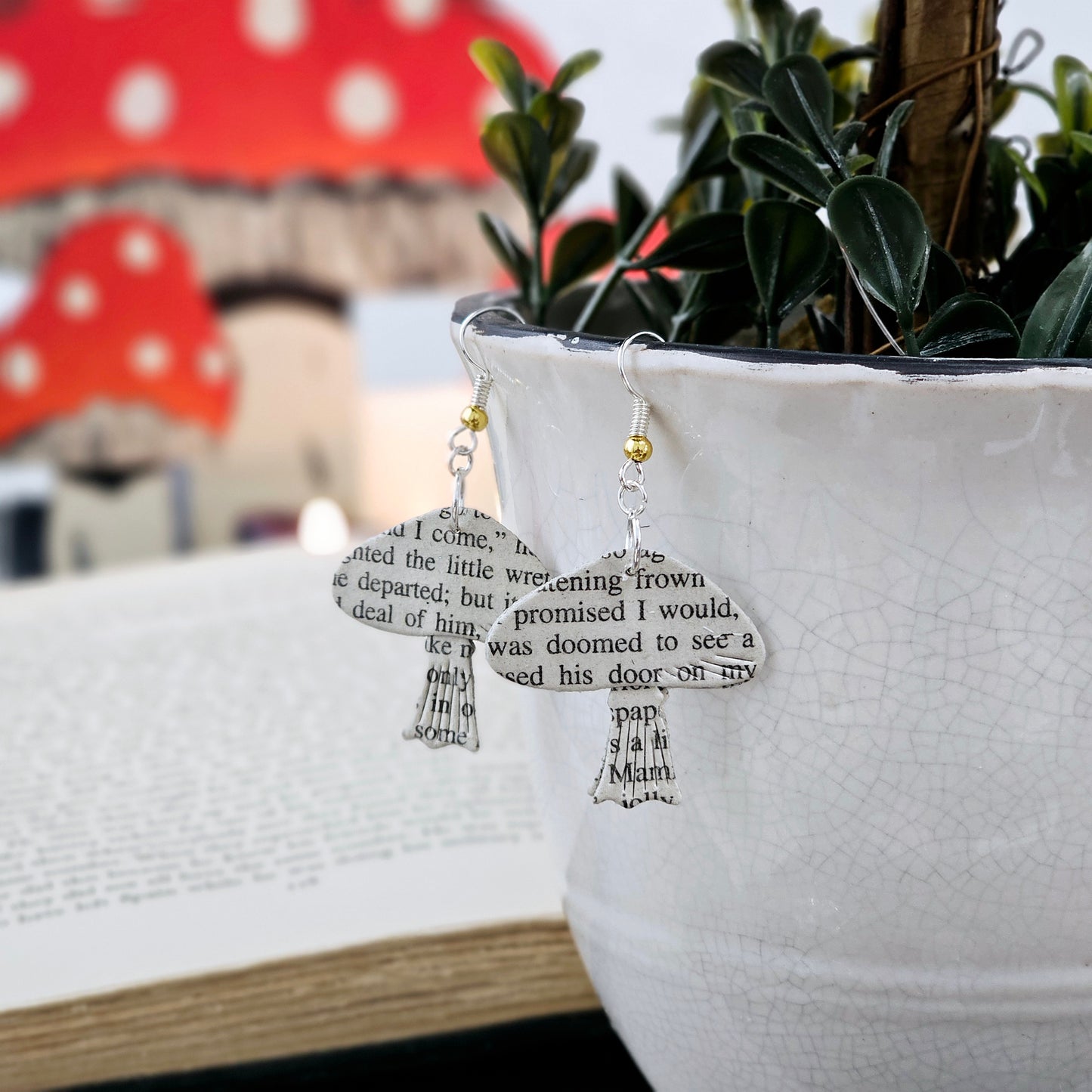 Mushroom Dangle Book Page Earrings for Teacher, Book Lover or Book Club Gift