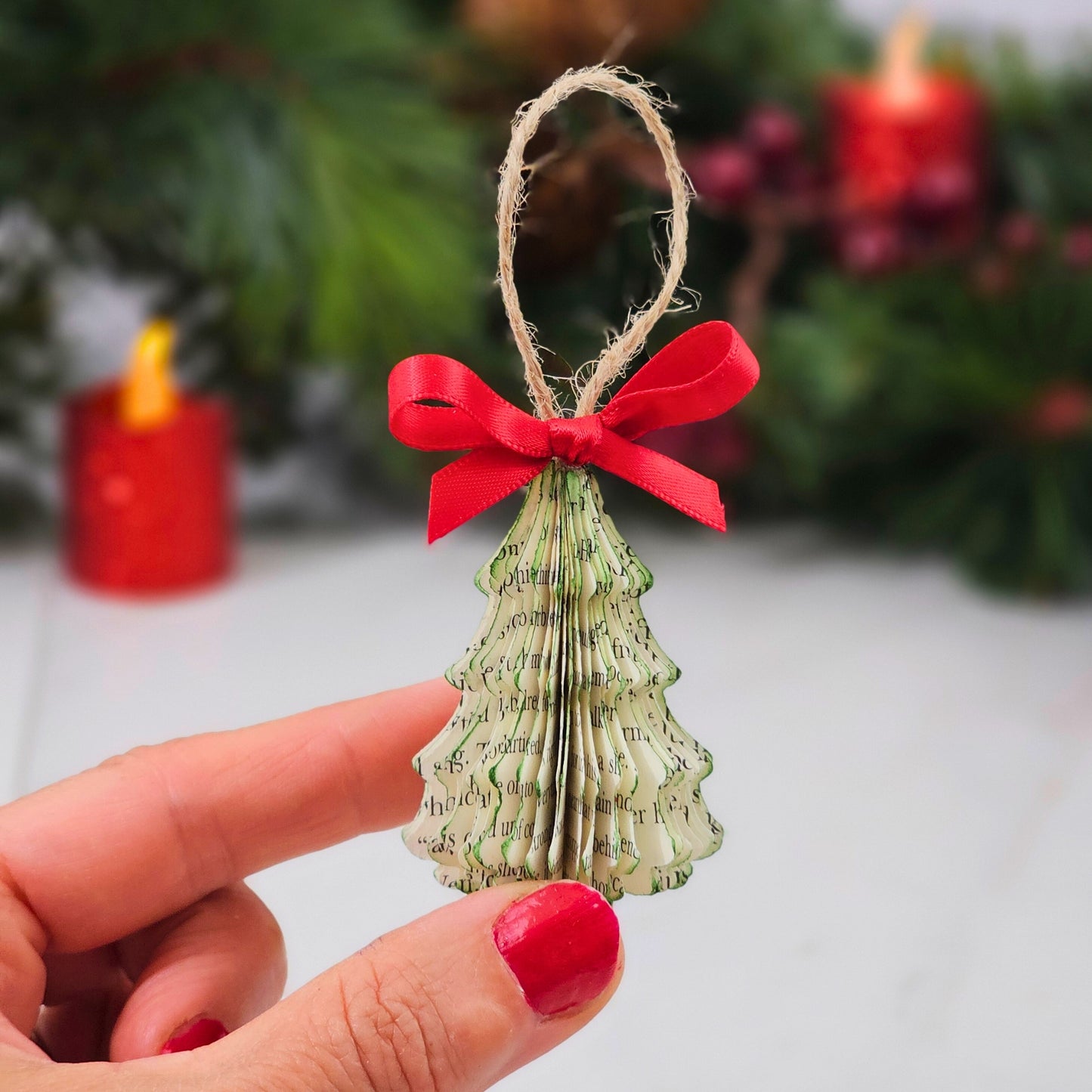 Tiny Book Page Christmas Tree Ornaments, Set of 3, Trees and Ball