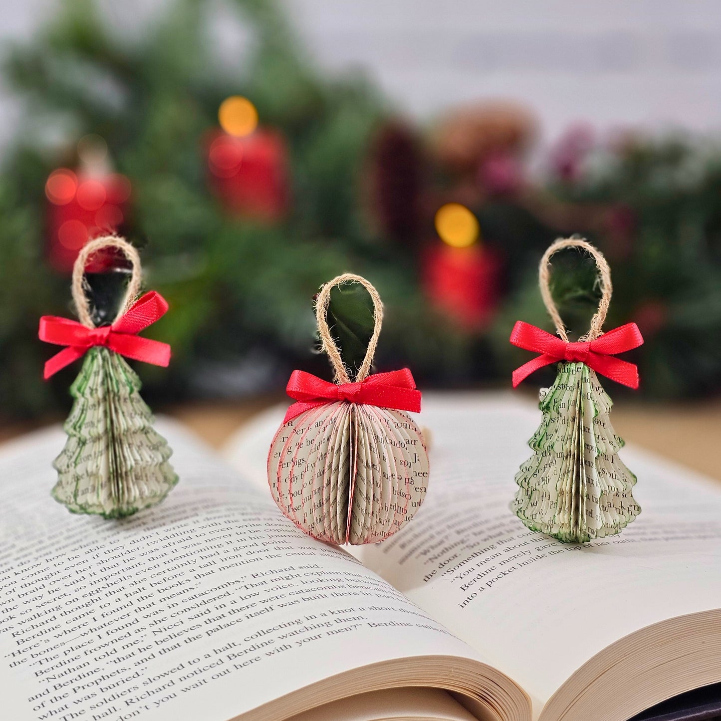 Tiny Book Page Christmas Tree Ornaments, Set of 3, Trees and Ball