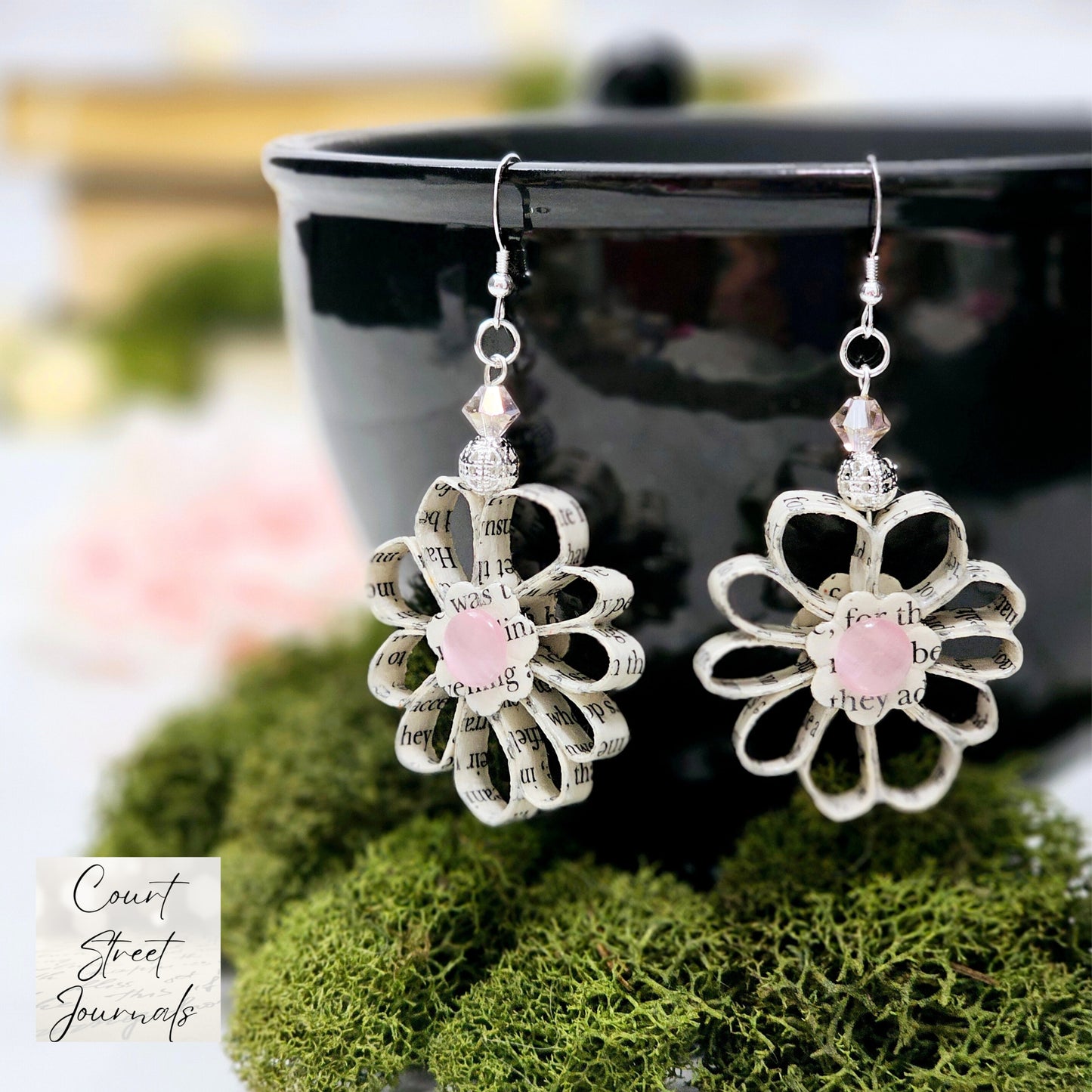 Flower Dangle Book Page Earrings for Book Lover Gift Idea