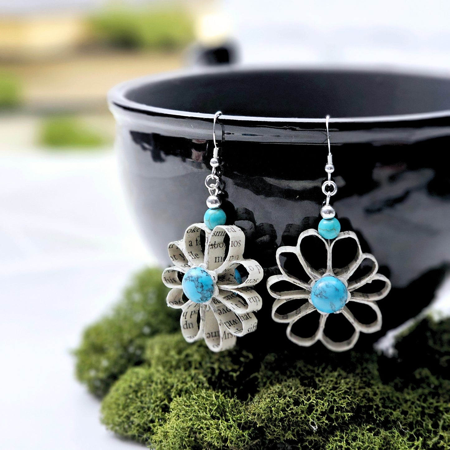 Flower Dangle Book Page Earring with Turquoise Cabachon, Gift for Book Lover