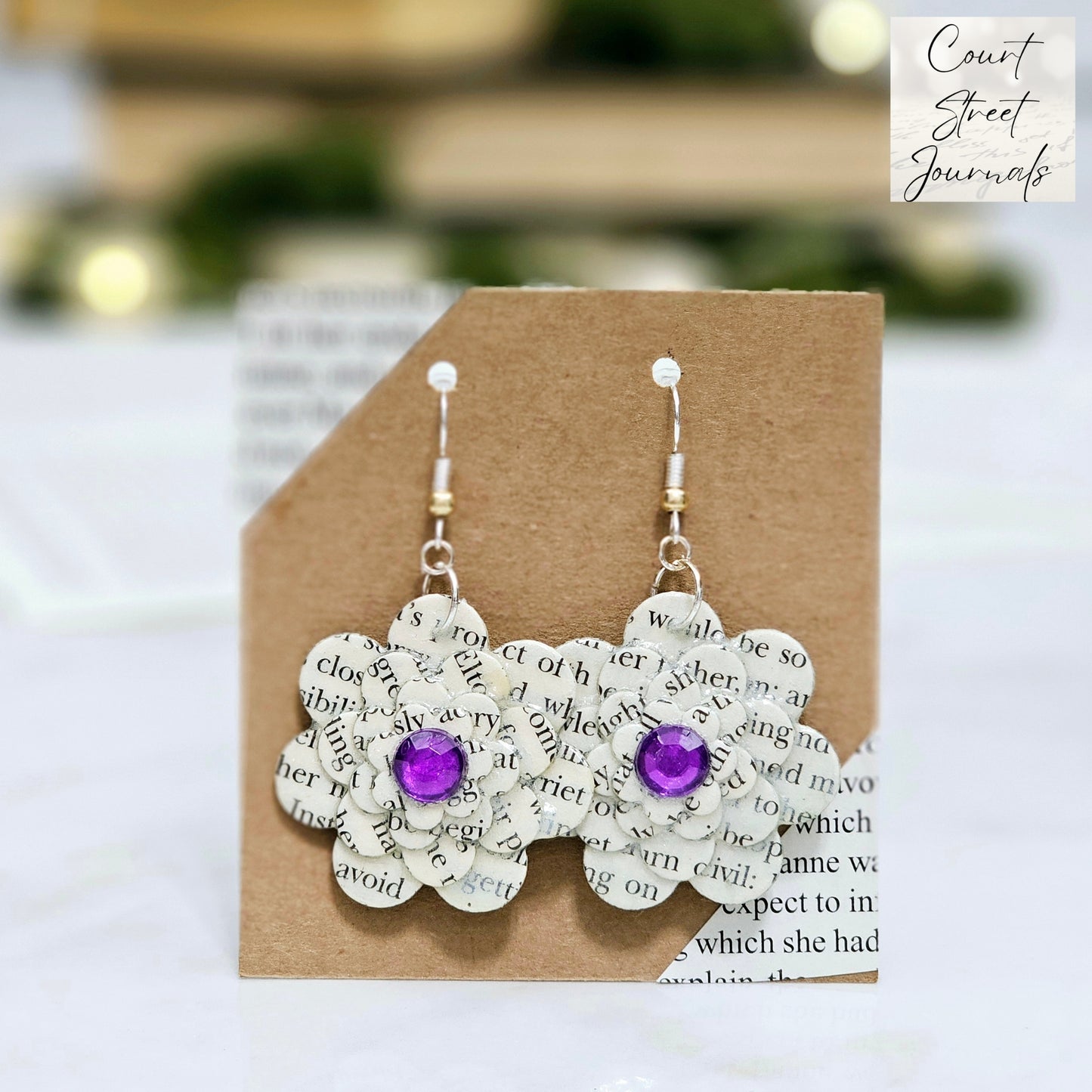 Flower Dangle Book Page Earrings