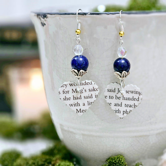 Book Page Heart Dangle Earring with Blue Accent