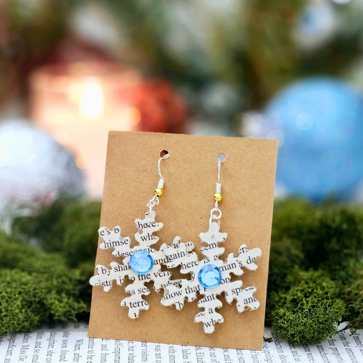 Snowflake Dangle Book Page Earrings