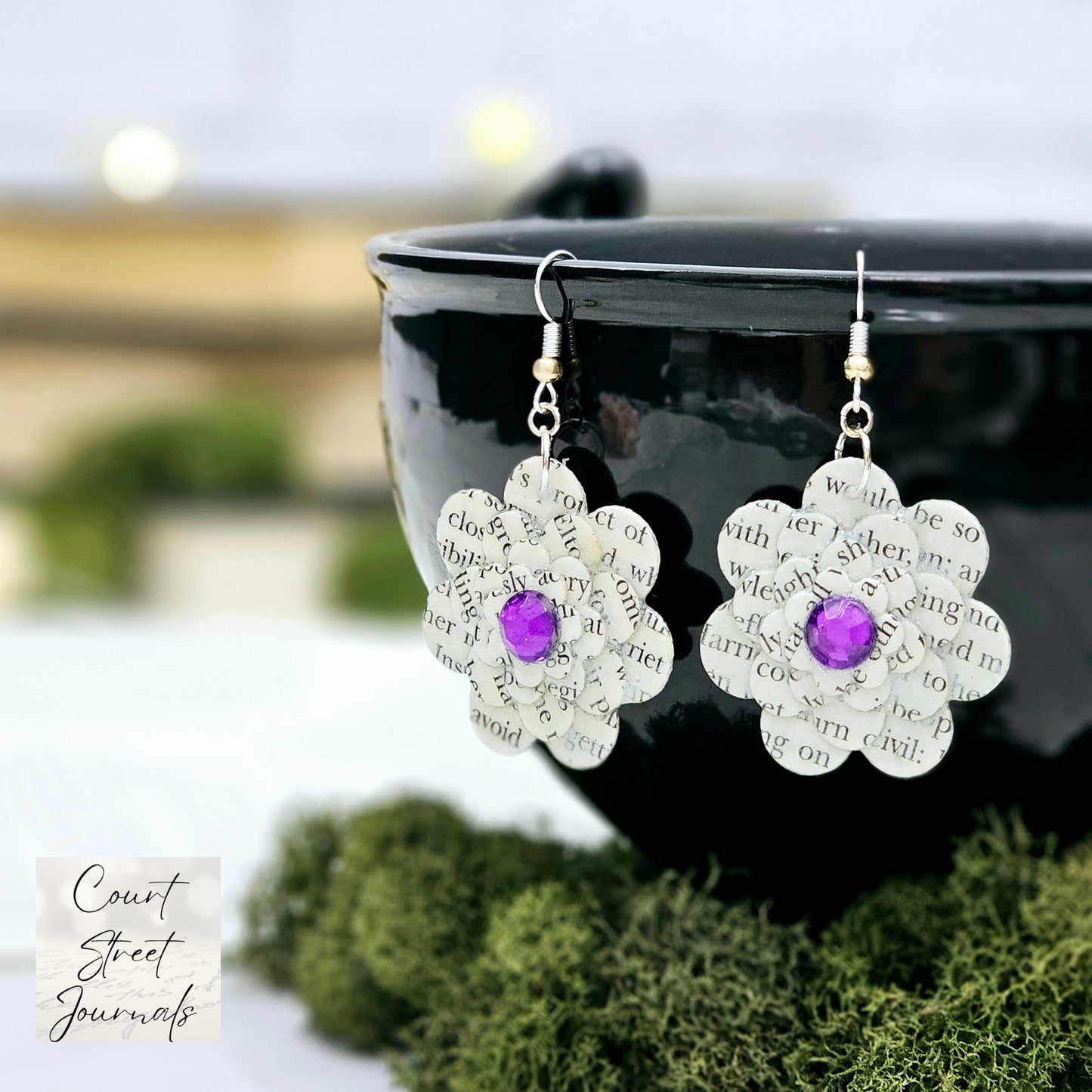 Flower Dangle Book Page Earrings
