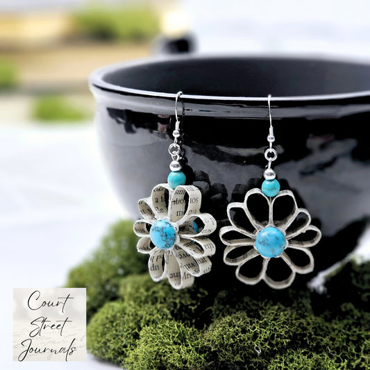 Flower Dangle Book Page Earring with Turquoise Cabachon, Gift for Book Lover