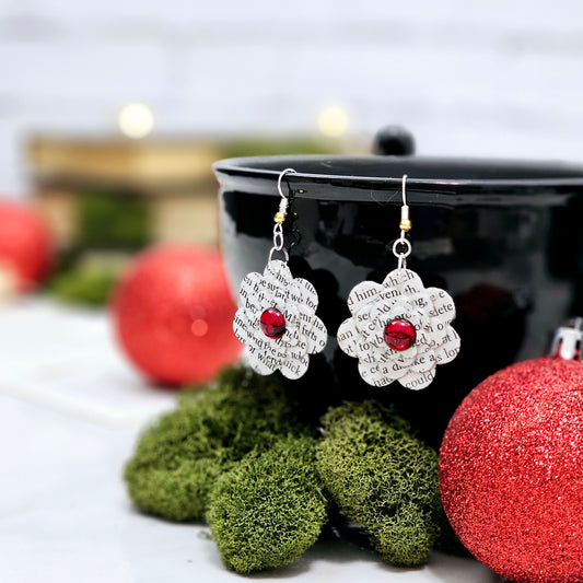 Flower Dangle Book Page Earrings with Red Accent