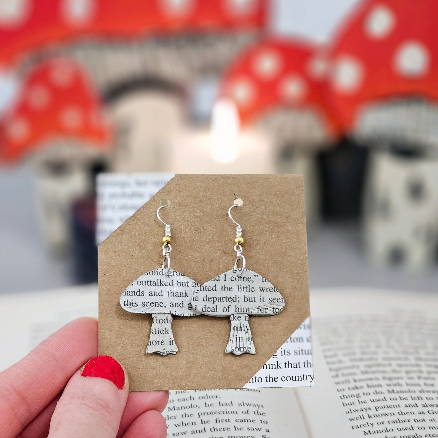 Mushroom Dangle Book Page Earrings for Teacher, Book Lover or Book Club Gift