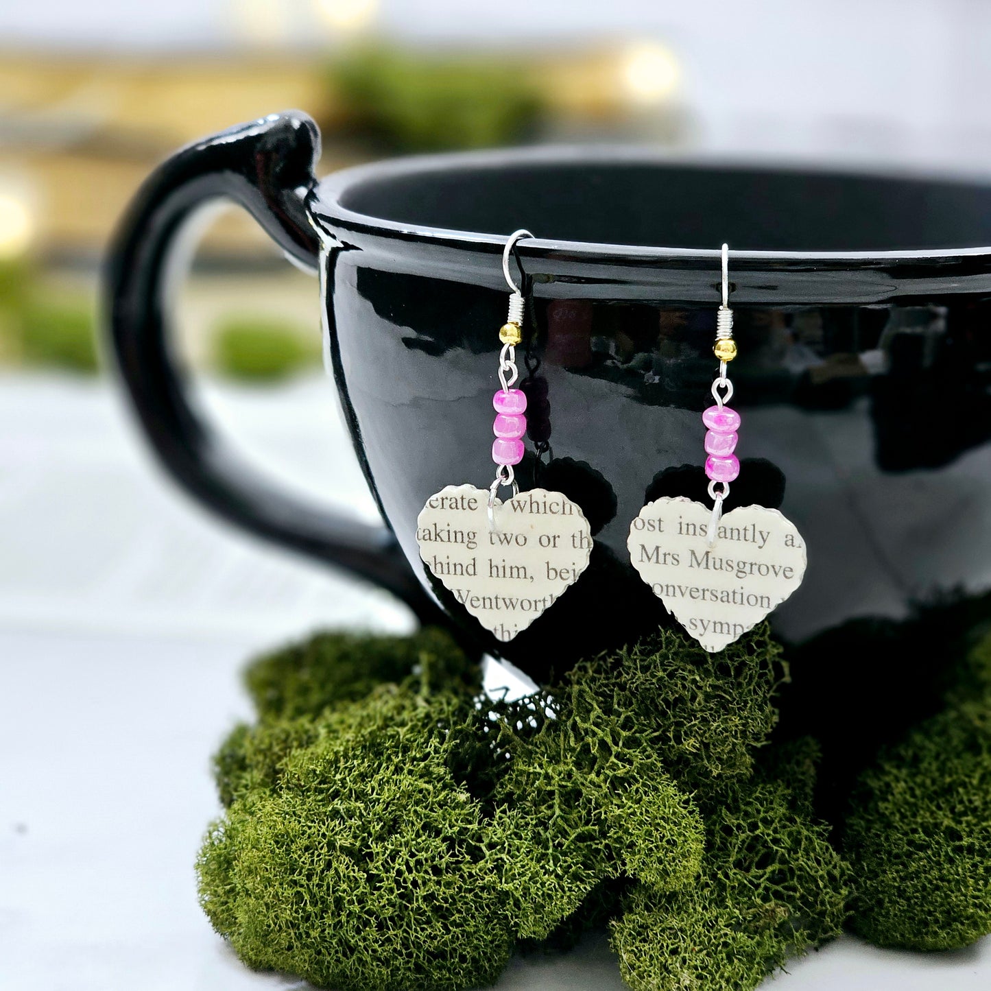 Heart Dangle Book Page Earrings for Book Lover, Teacher, 1st Anniversary or Book Club Gift