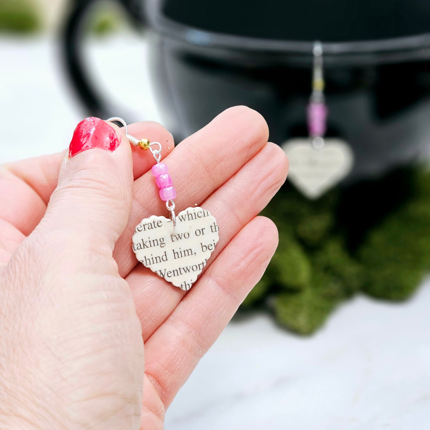 Heart Dangle Book Page Earrings for Book Lover, Teacher, 1st Anniversary or Book Club Gift