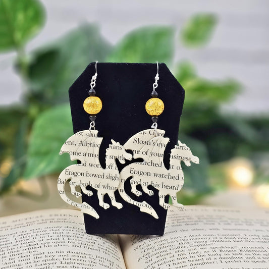 Dragon Dangle Earrings with glass bead accent, gift for fantasy book lovers
