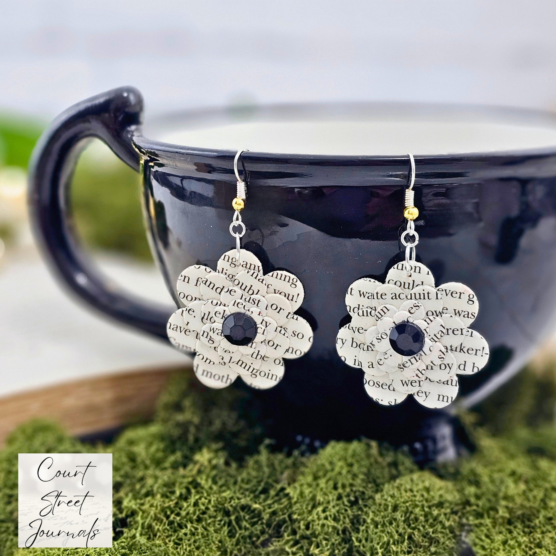 Book Page Flower Dangle Earrings made from literary classics with black acrylic cabachon accent