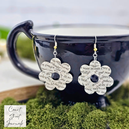 Book Page Flower Dangle Earrings made from literary classics with black acrylic cabachon accent