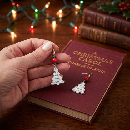 Handheld photo of the book page christmas tree earrings for size reference