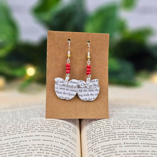 Apple-shaped book page earrings handmade from upcycled paper with red bead accents teacher appreciation gift