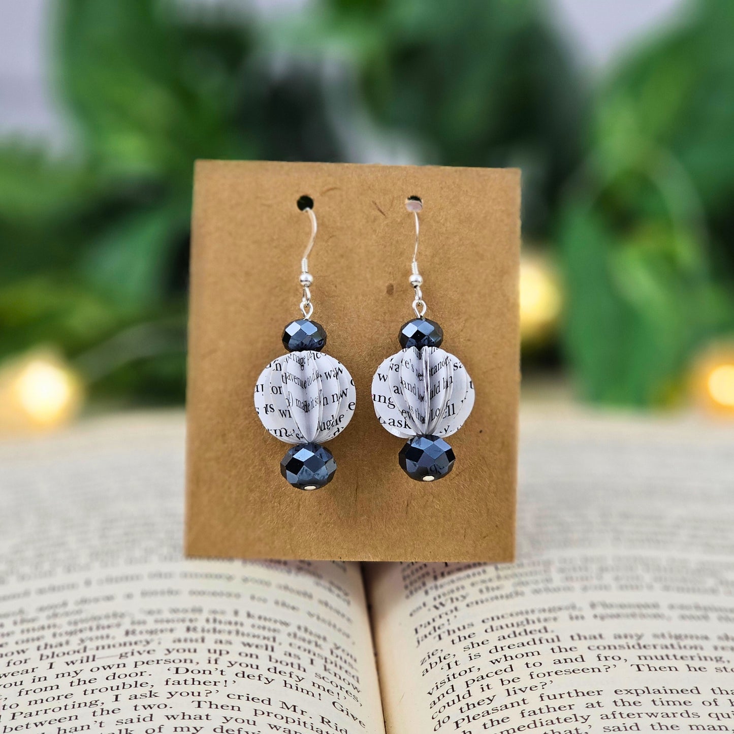 Book page bead earrings with glass bead accent 