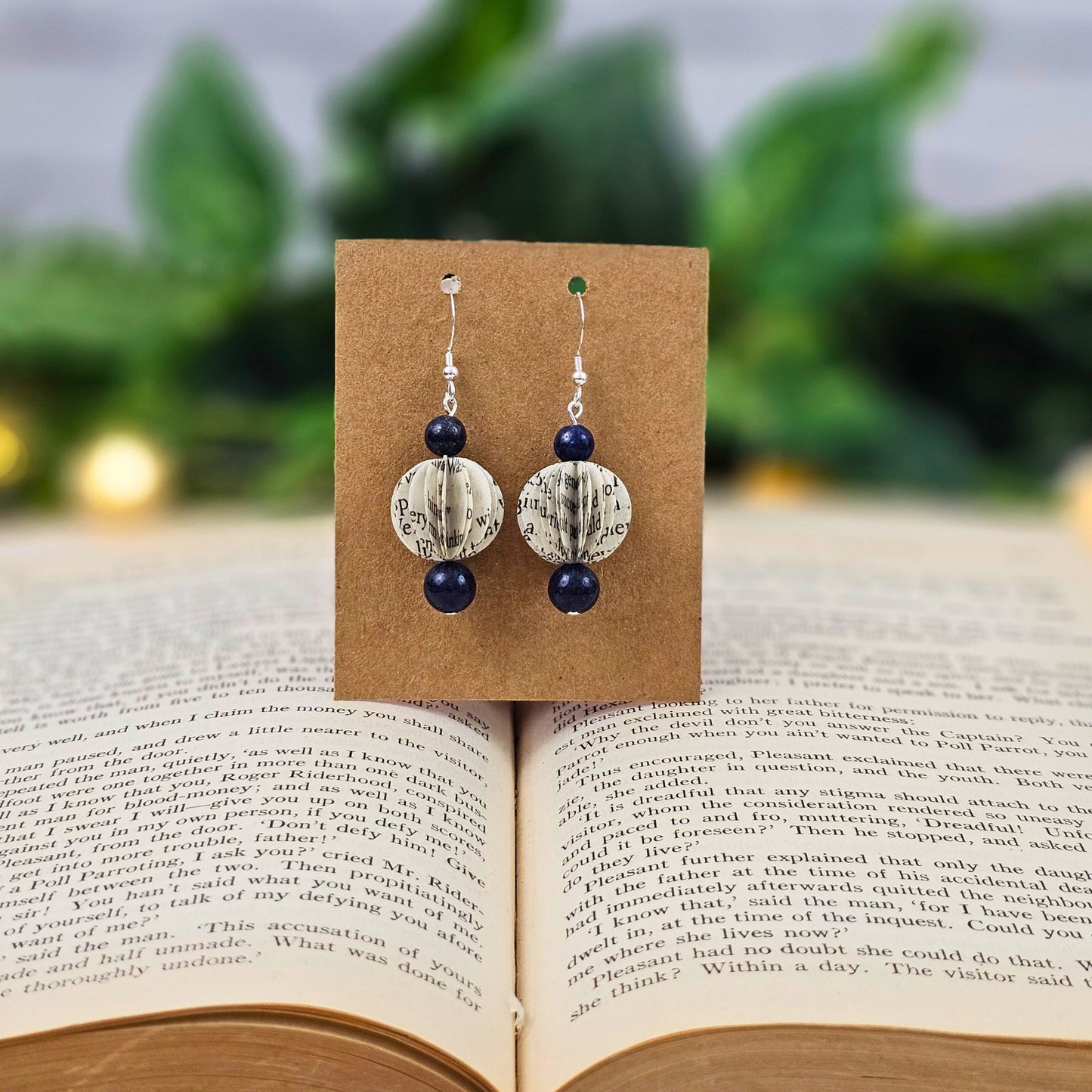 Bookish earrings for literary gift made from a book page bead and 2 lapus lazuli beads
